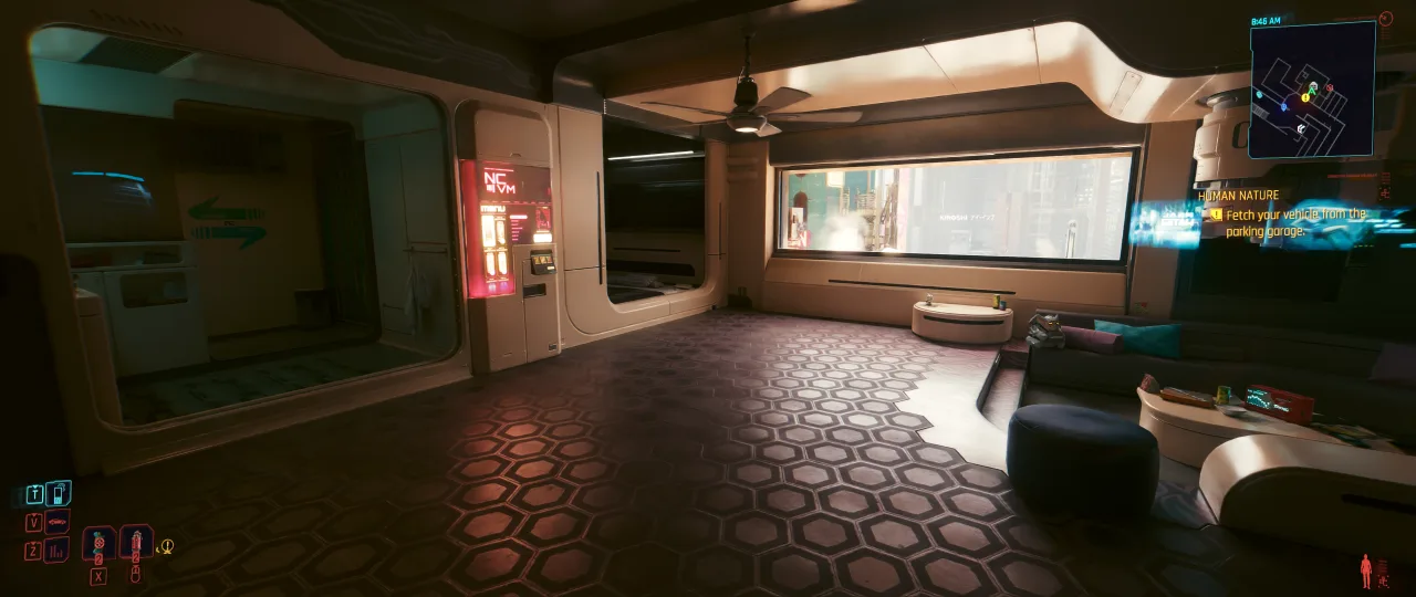 A quiet interior scene from *Cyberpunk 2077*, showing a sleek futuristic room with patterned flooring, curved walls, built-in seating, and soft neon-lit details, while the game UI remains visible on screen.