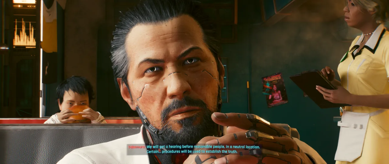 A close-up dialogue scene from *Cyberpunk 2077* shows Takemura seated indoors, holding a cigarette while speaking, with other figures and warm ambient lighting in the background. The framing emphasizes the conversation and the game’s cinematic, story-focused atmosphere.