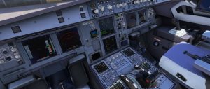 A view through an airliner cockpit shows a complex array of illuminated panels, screens, and controls, with the pilot’s seats and instrument displays visible in the foreground (capture filename: `2537590-20260529133406-1`).