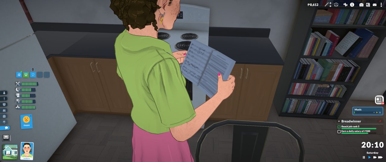 Snímek z pohledu první osoby zachycuje interiér v simulaci *Paralives*: na obrazovce je vidět postava s dlaněmi otevřenými před sebou v místnosti zařízené nábytkem a přilehlými prvky uživatelského rozhraní hry.