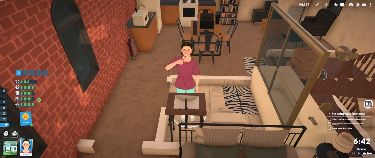 Záběr z první osoby ve hře *Paralives* zachycuje interiér domu s malým „life-sim“ děním: na schodišti a v obytné místnosti je vidět postavu uprostřed barevné, lehce potemnělé scény, doplněnou o prvky herního rozhraní.