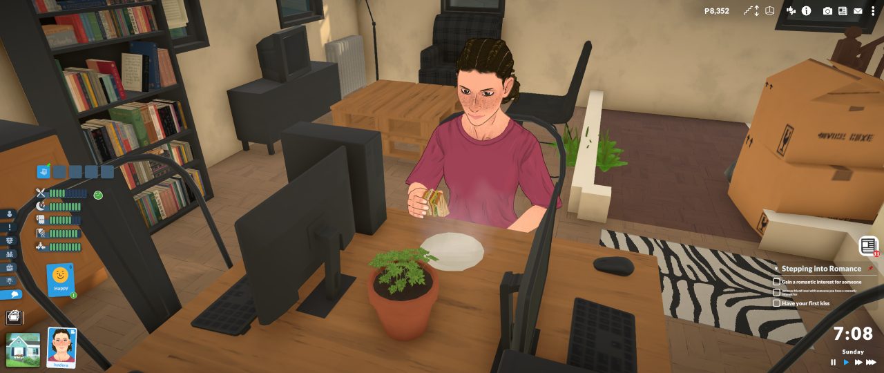 Panoramatický záběr z pohledu hráče v interiéru při hraní *Paralives*: před sebou vidíte vybavený obývací prostor s postavou u stolu a kolem ní prvky uživatelského rozhraní hry, které doplňují scénu.