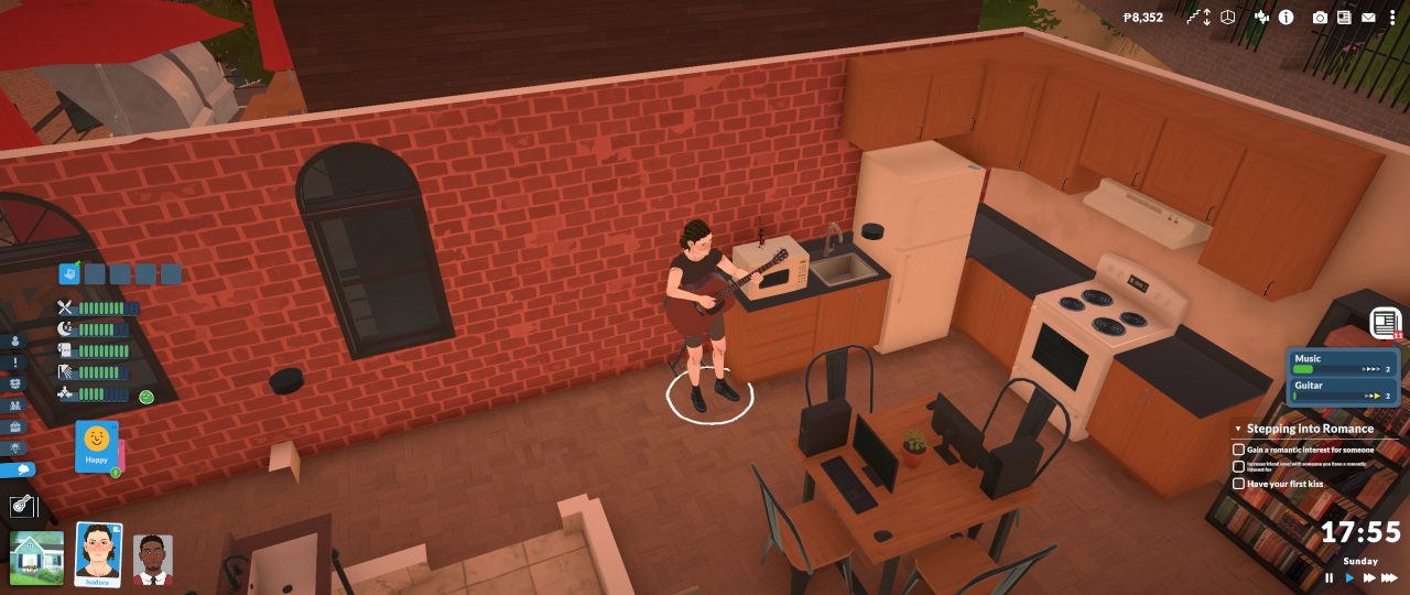 Panoramatický pohled na interiér domu ze hry *Paralives*, kde je vidět vybavená místnost s postavami u stolu a kuchyňským koutem; na obrazovce se zároveň zobrazuje uživatelské rozhraní s přehledy pro hraní.